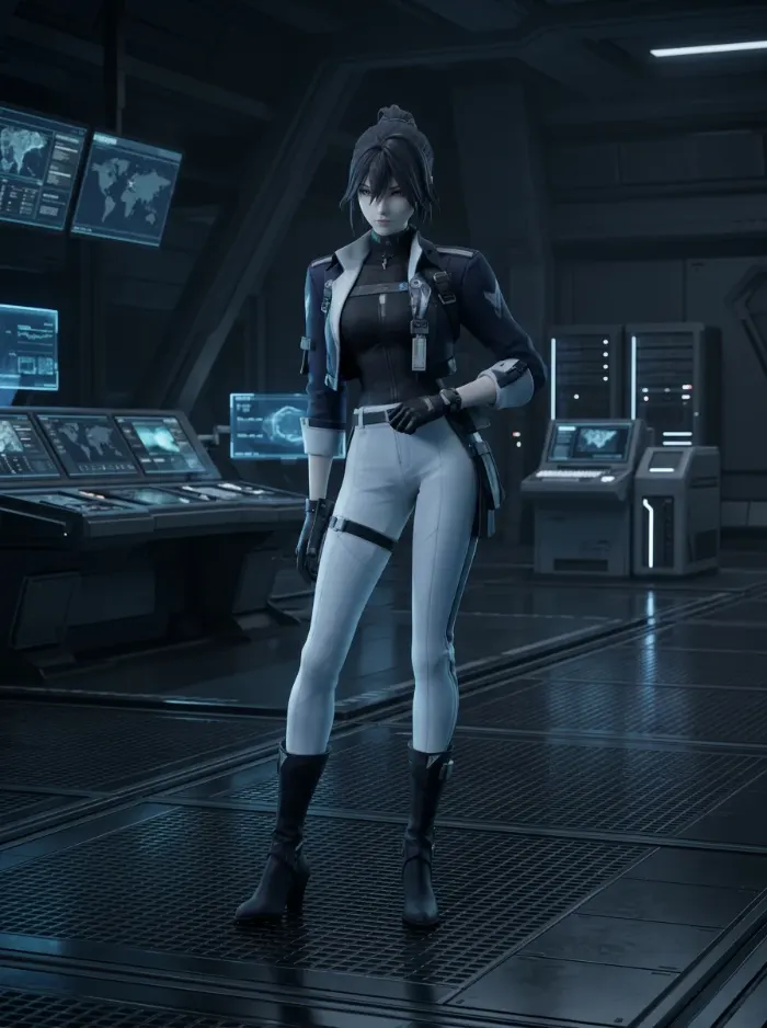 Stylized female sci-fi operative generated in Tripo AI, full-body 3D character model